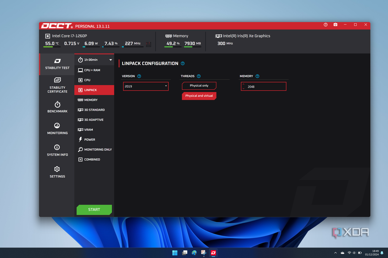 Screenshot of OCCT on Windows 11 showing the Linpack testing page