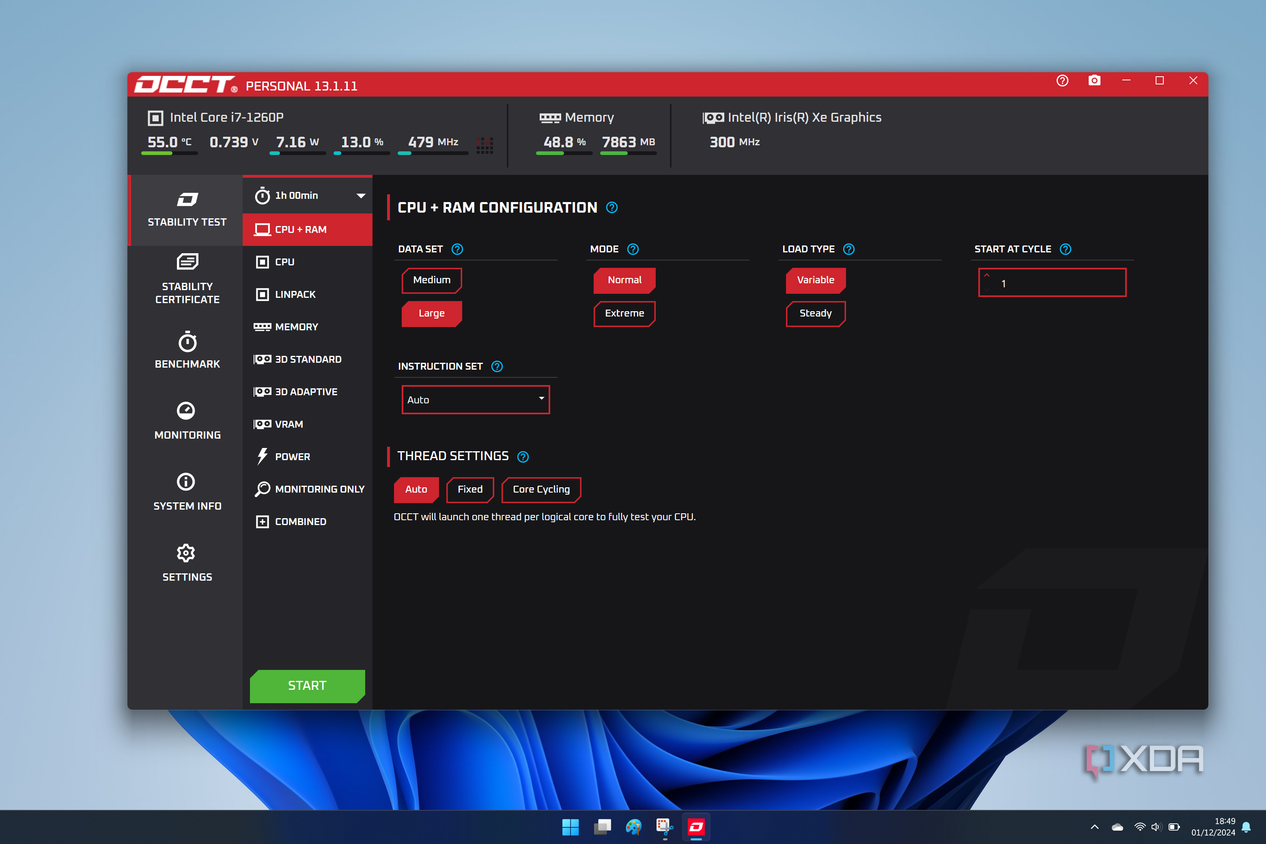 Screenshot of OCCT on Windows 11 showing the combined testing page with options to run multiple tests together