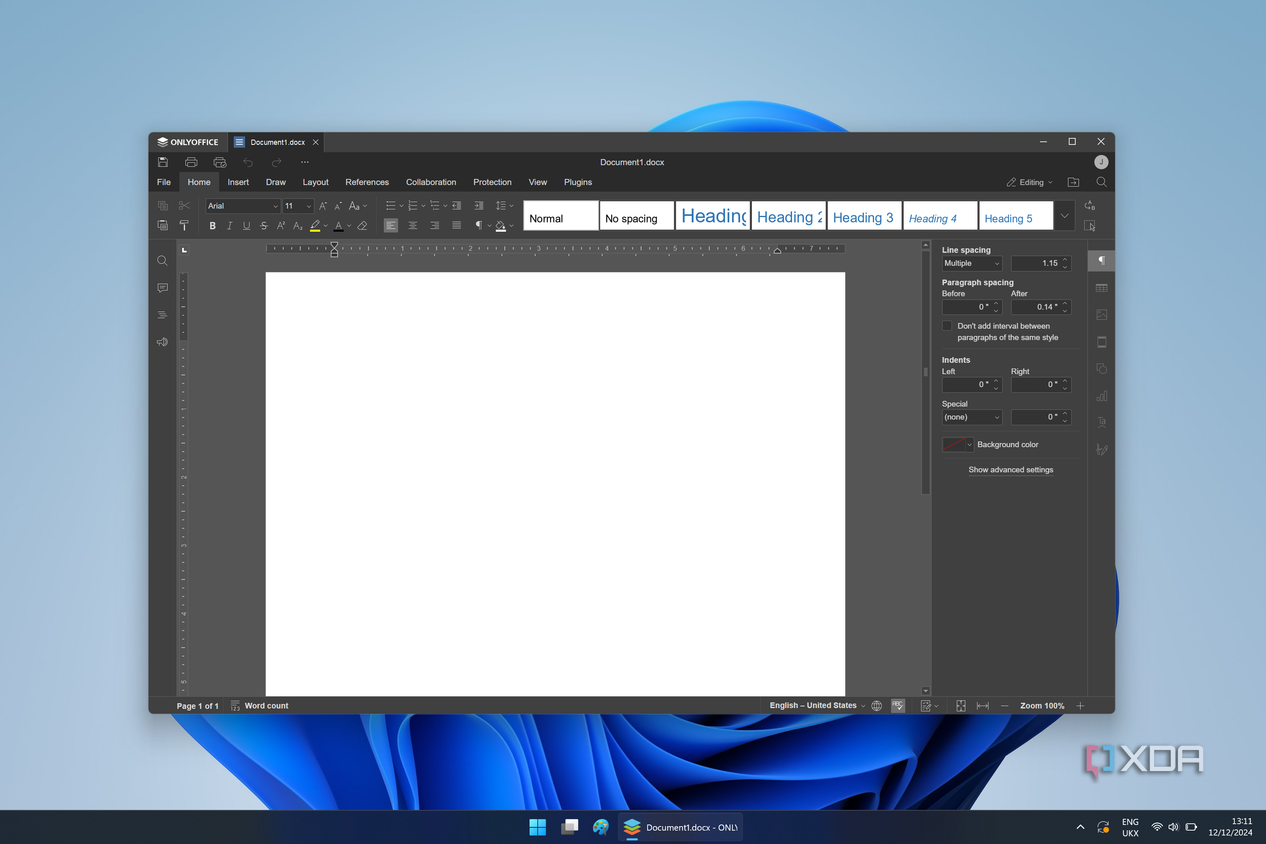 Screenshot of OnlyOffice showing a blank document and the menu open in the Home tab