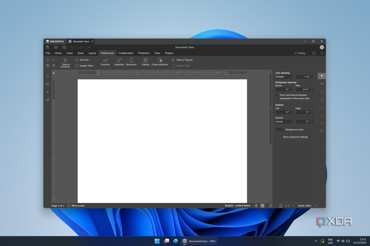 Screenshot of OnlyOffice displaying a blank document with the Ribbon open in the References tab