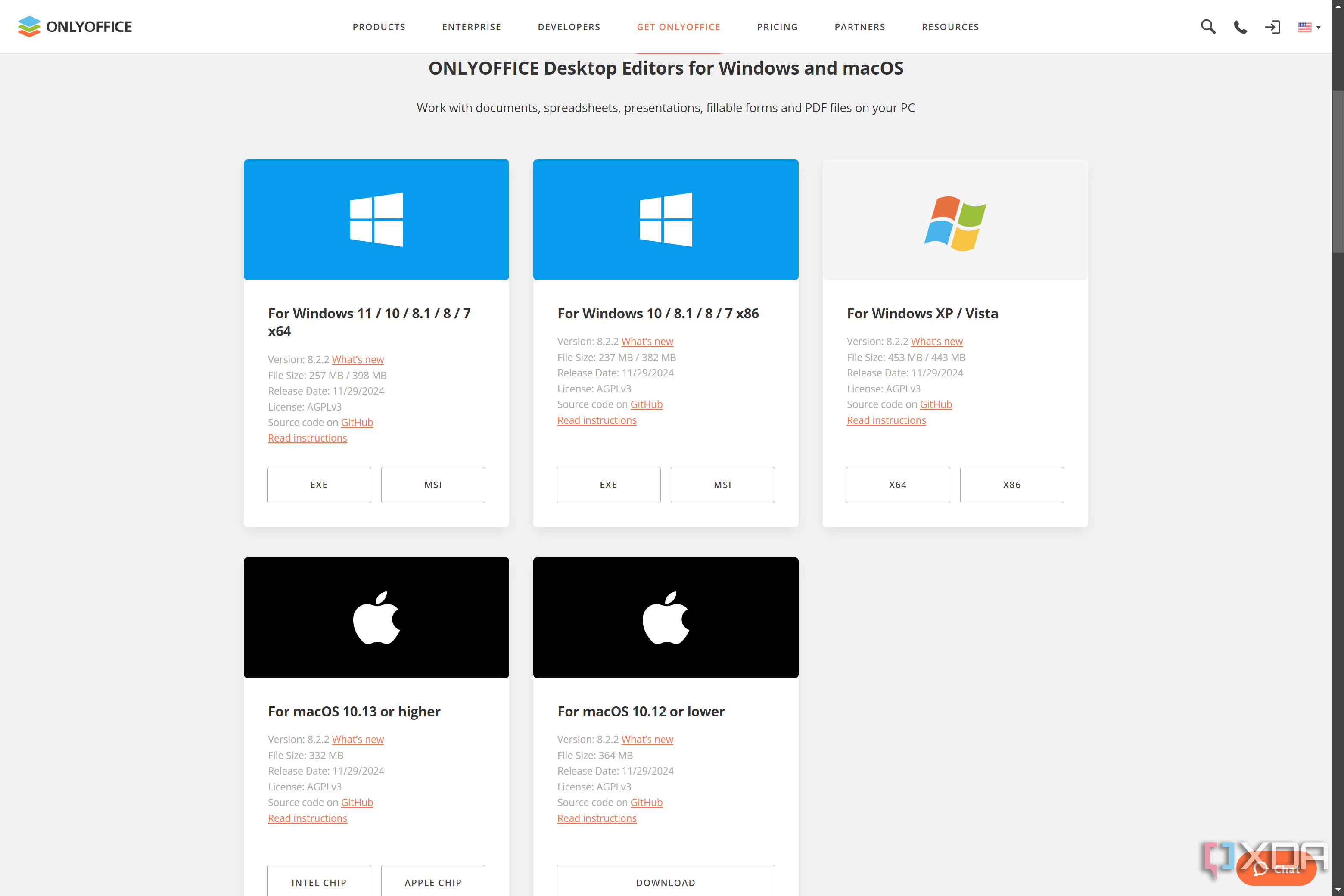 Screenshot of the OnlyOffice website showing available downloads for Windows and Mac
