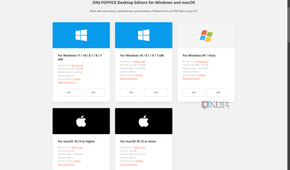 Screenshot of the OnlyOffice website showing available downloads for Windows and Mac