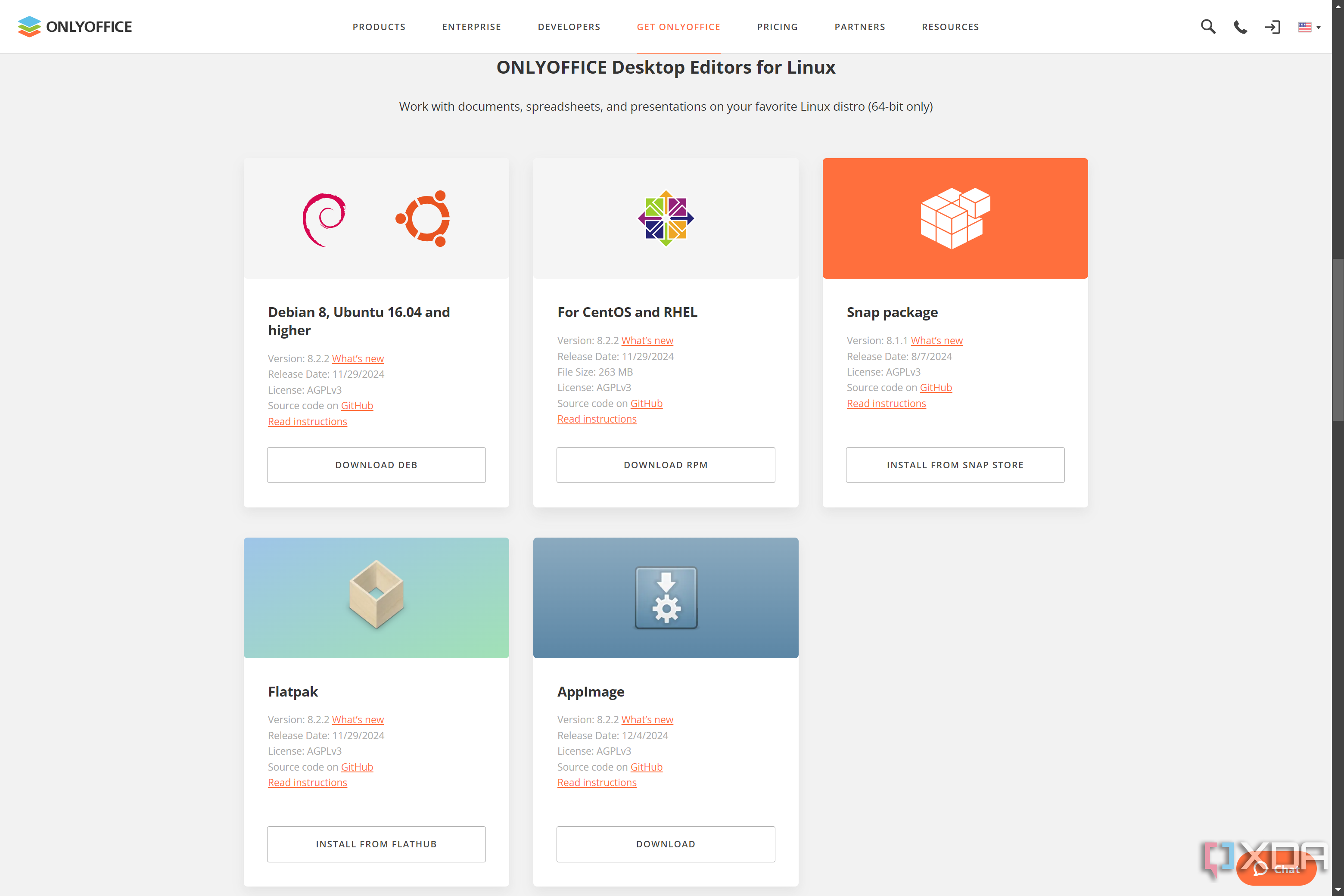 Screenshot of OnlyOffice website showing available options for Linux