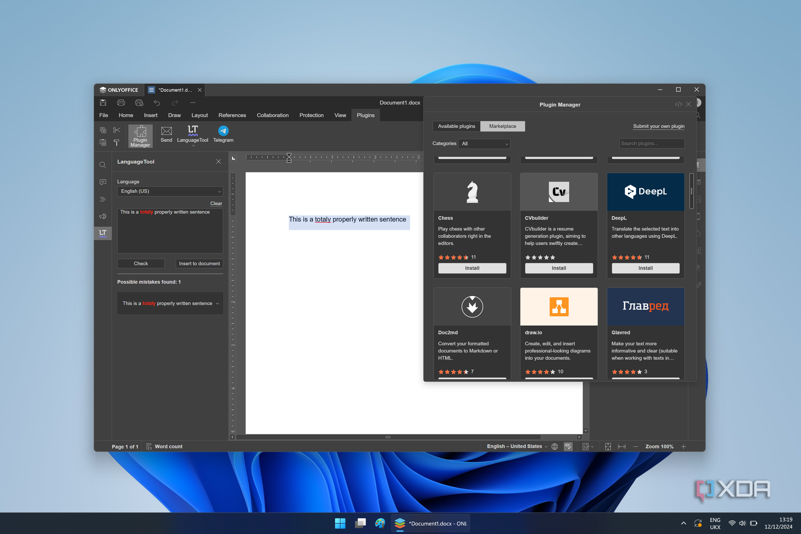 Screenshot of OnlyOffice showing the Plugin manager