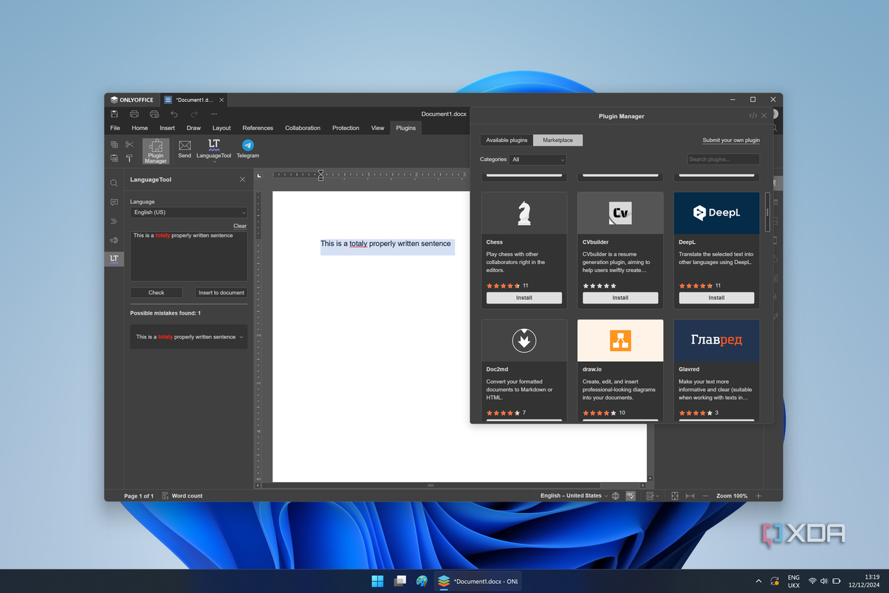 Screenshot of OnlyOffice showing the Plugin manager