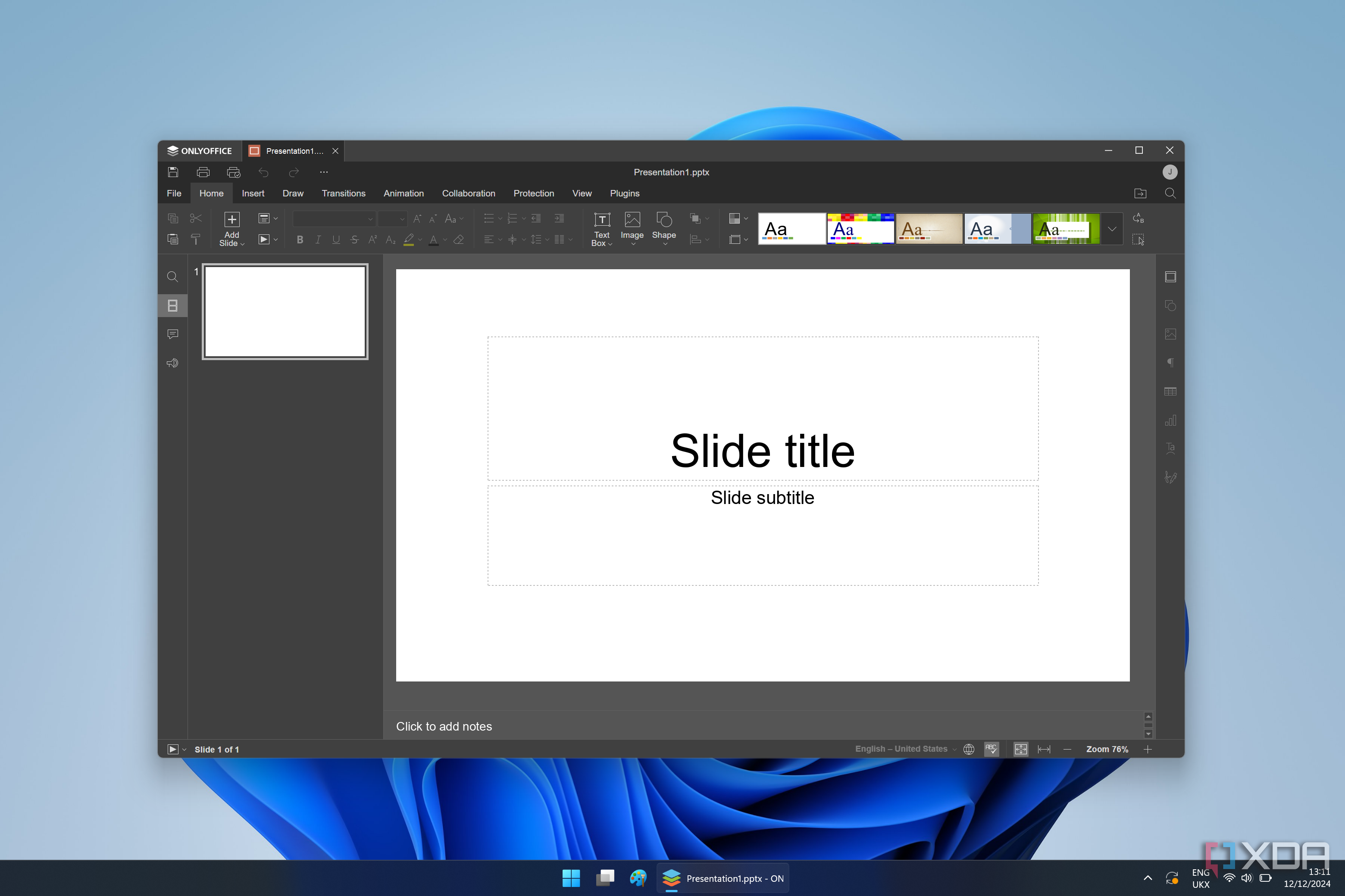 Screenshot of OnlyOffice showing a blank slideshow