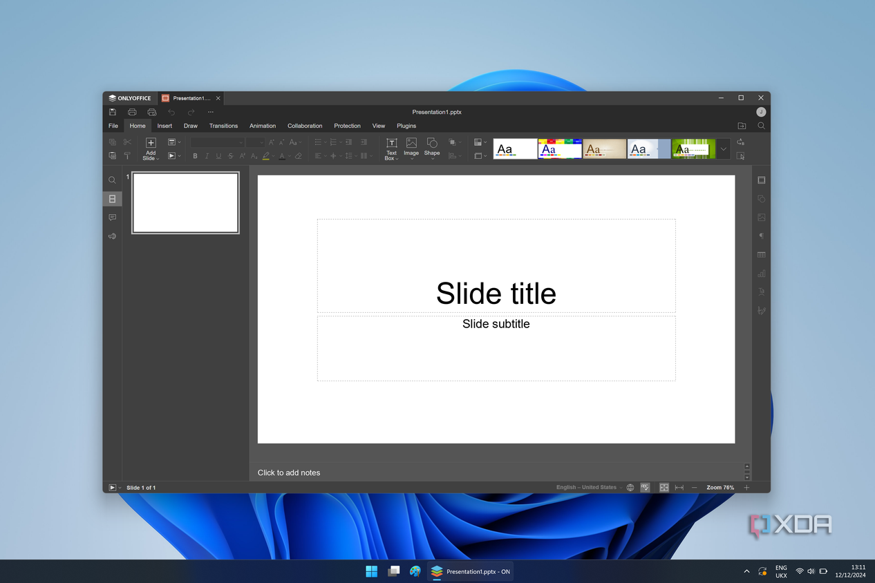 Screenshot of OnlyOffice showing a blank slideshow