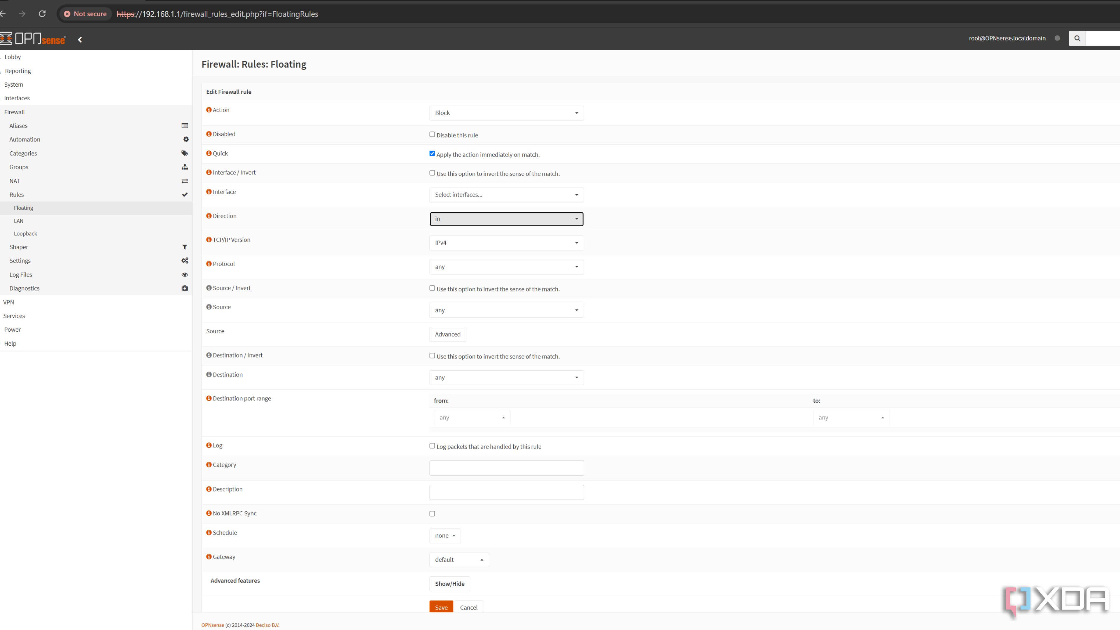 The Firewall Rules tab in the OPNsense web UI