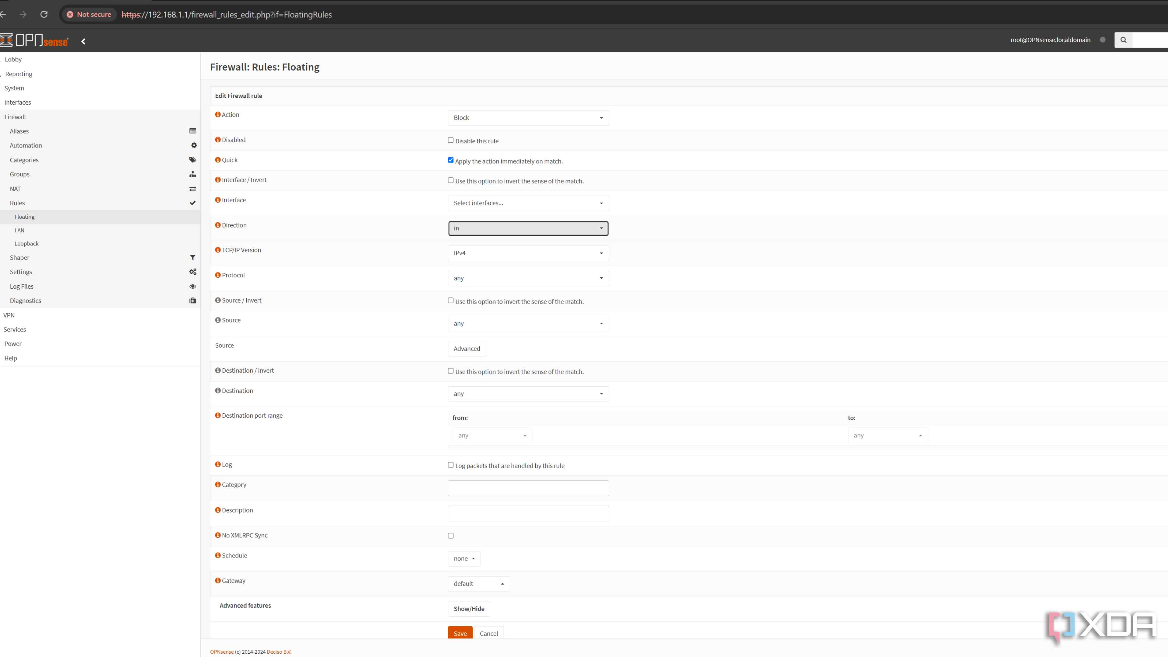 The Firewall Rules tab in the OPNsense web UI