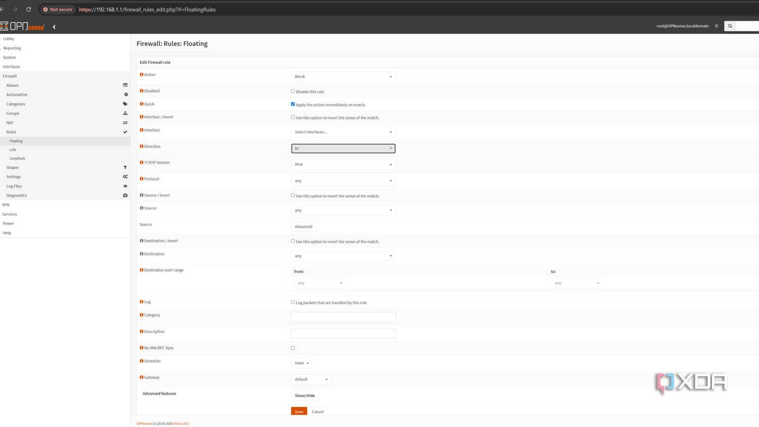 The Firewall Rules tab in the OPNsense web UI