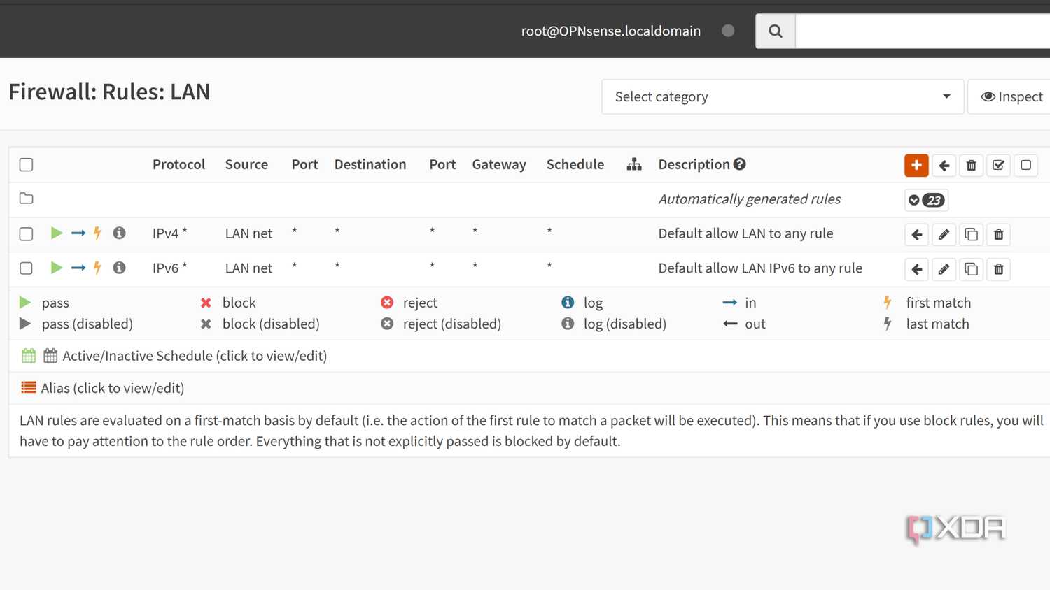 The Firewall Rules tab in the OPNsense web UI