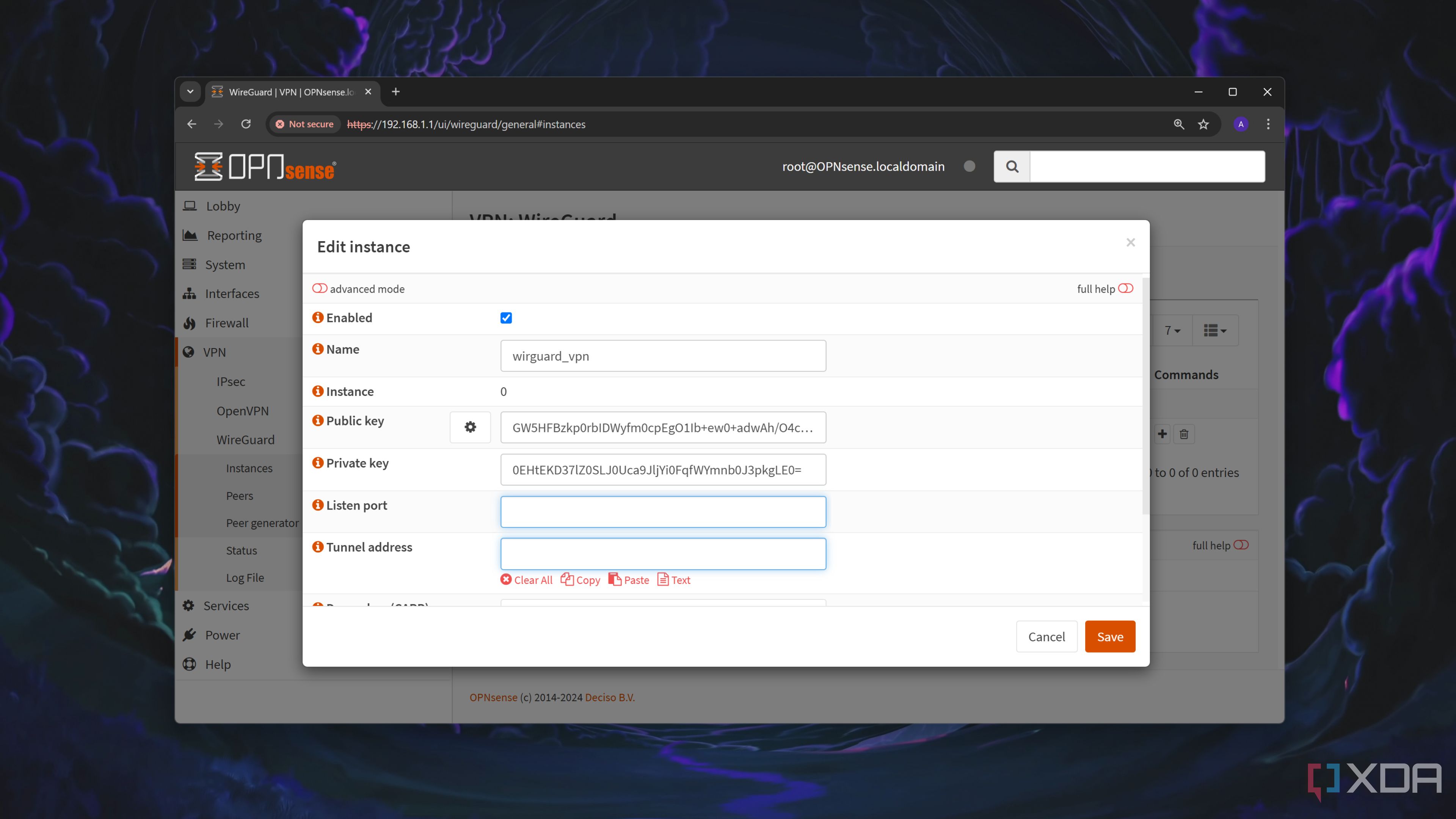 The VPN tab in the OPNsense web UI
