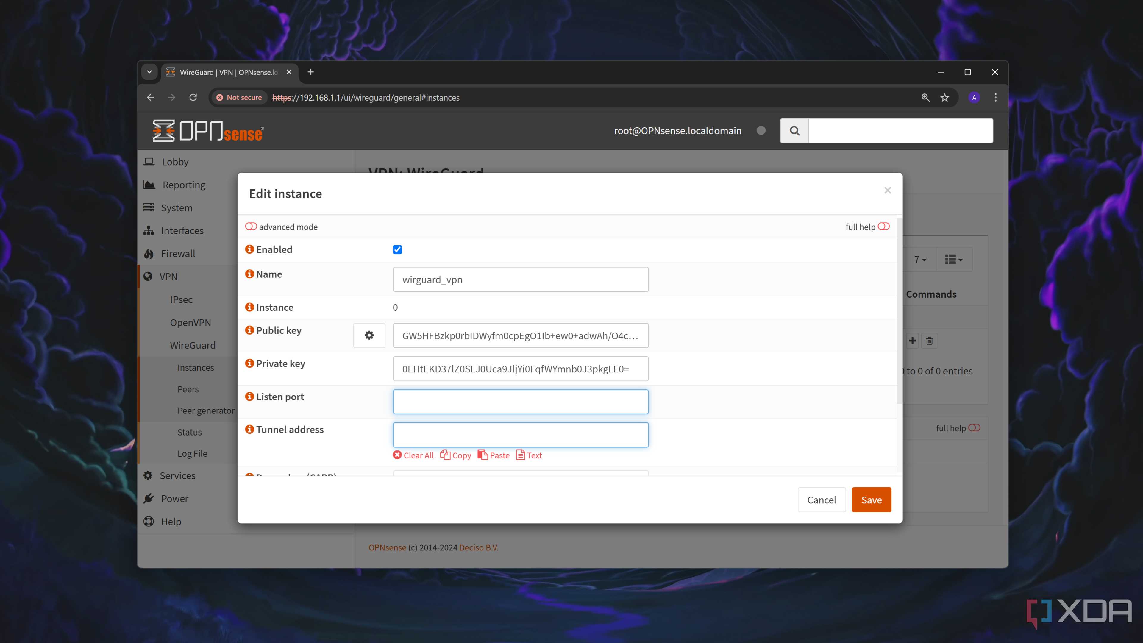 The VPN tab in the OPNsense web UI