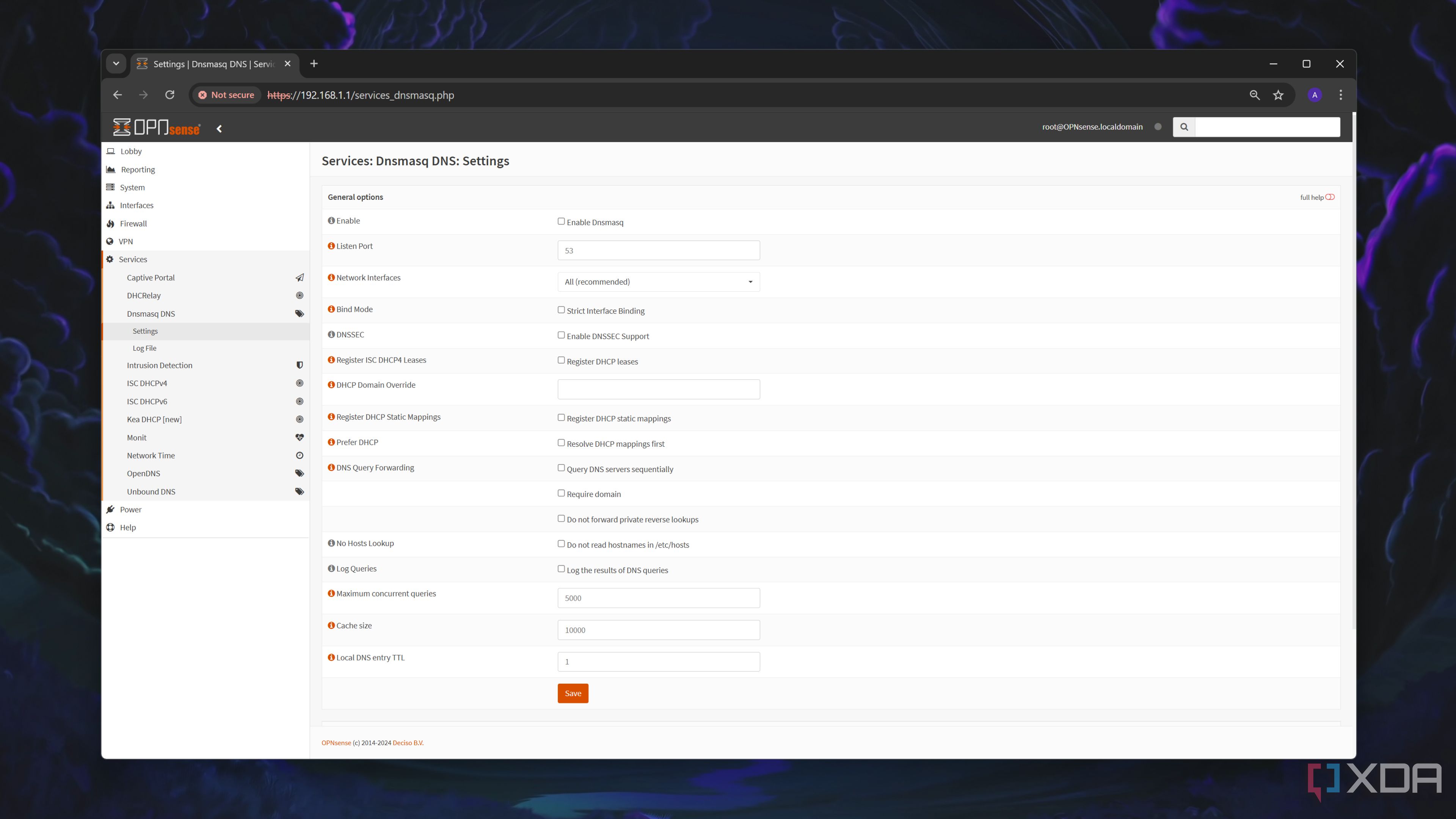 The Dnsmasq DNS settings tab in the OPNsense web UI