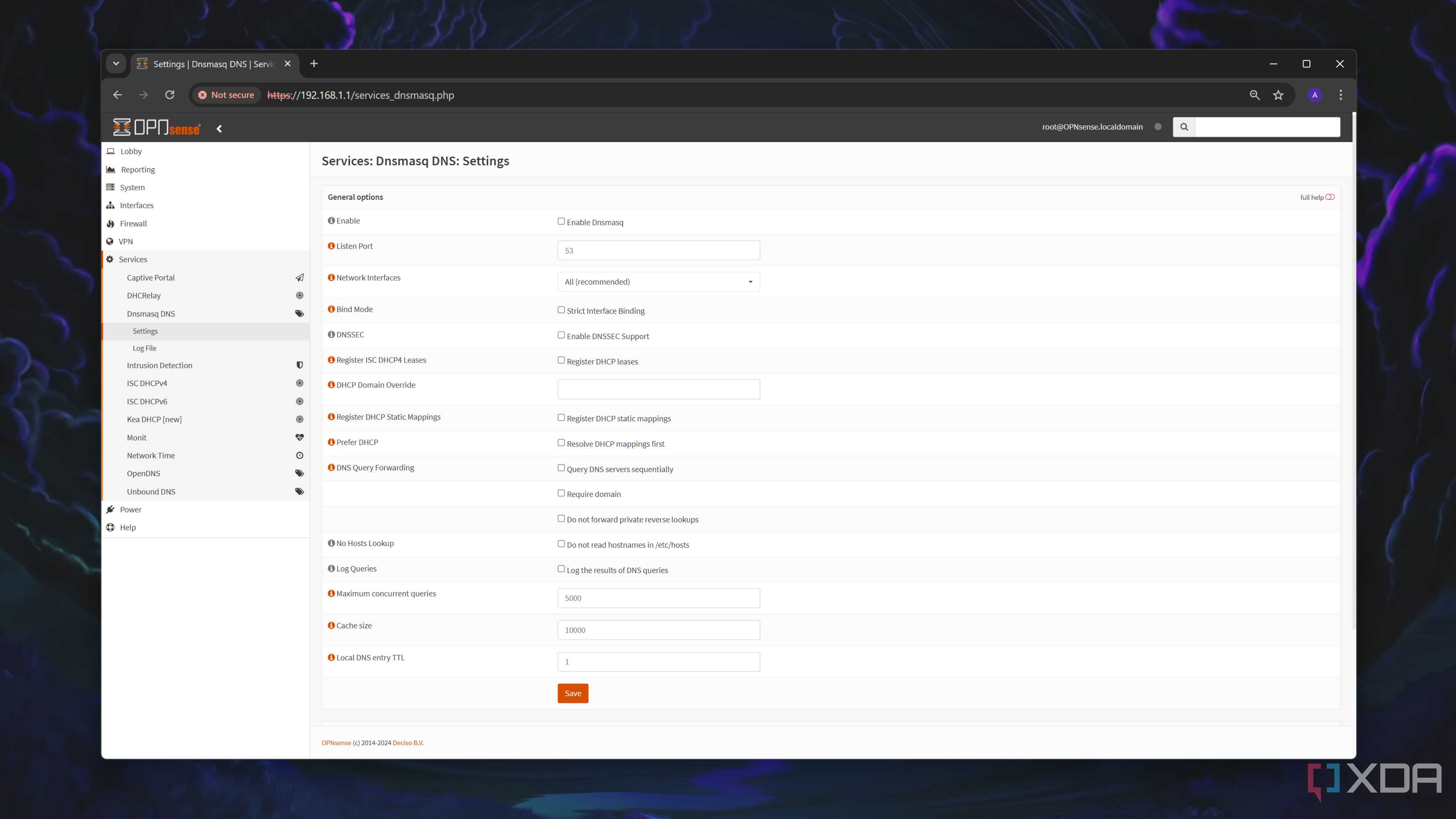 The Dnsmasq DNS settings tab in the OPNsense web UI