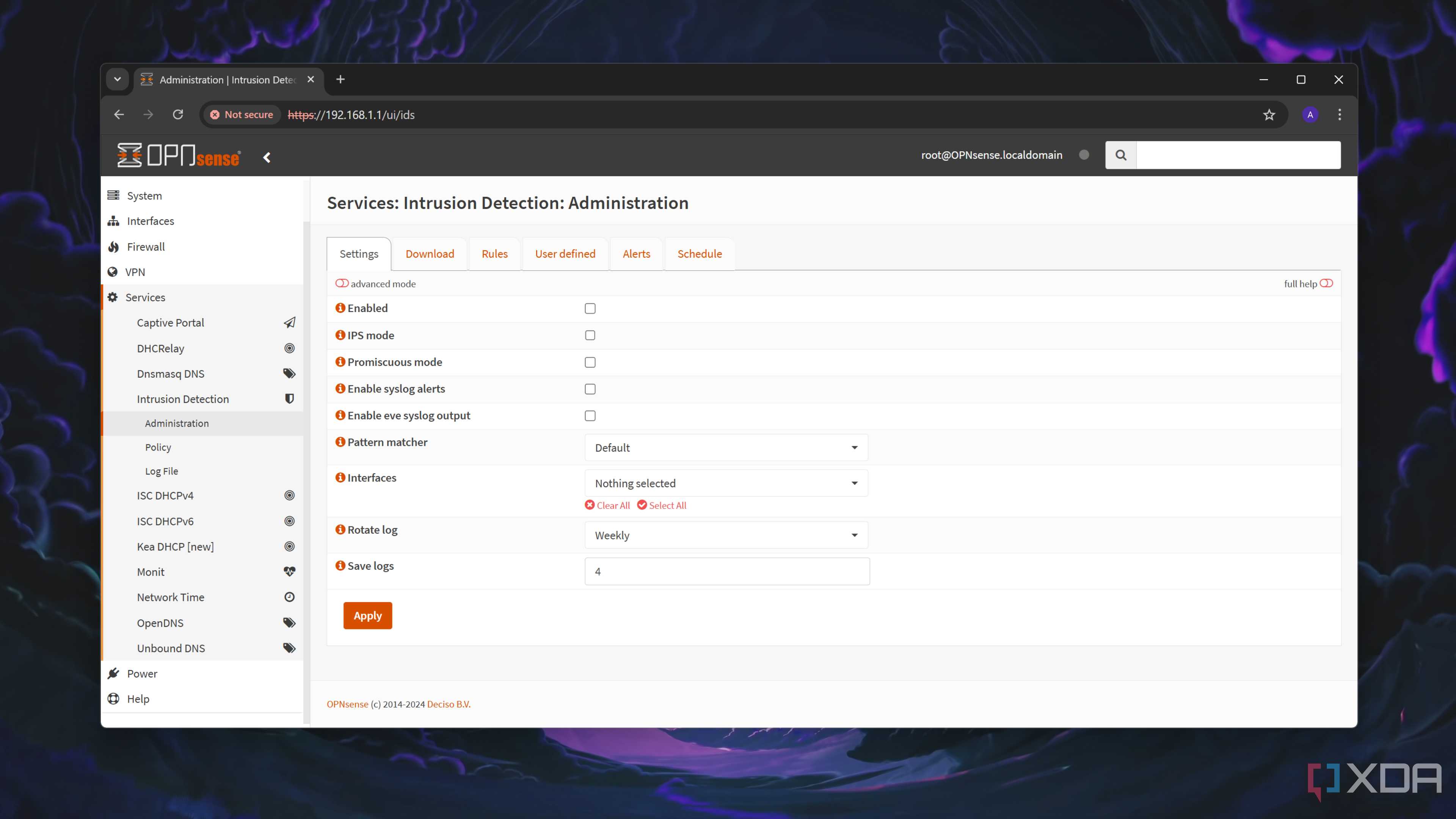 The Intrusion Detection tab in the OPNsense web UI