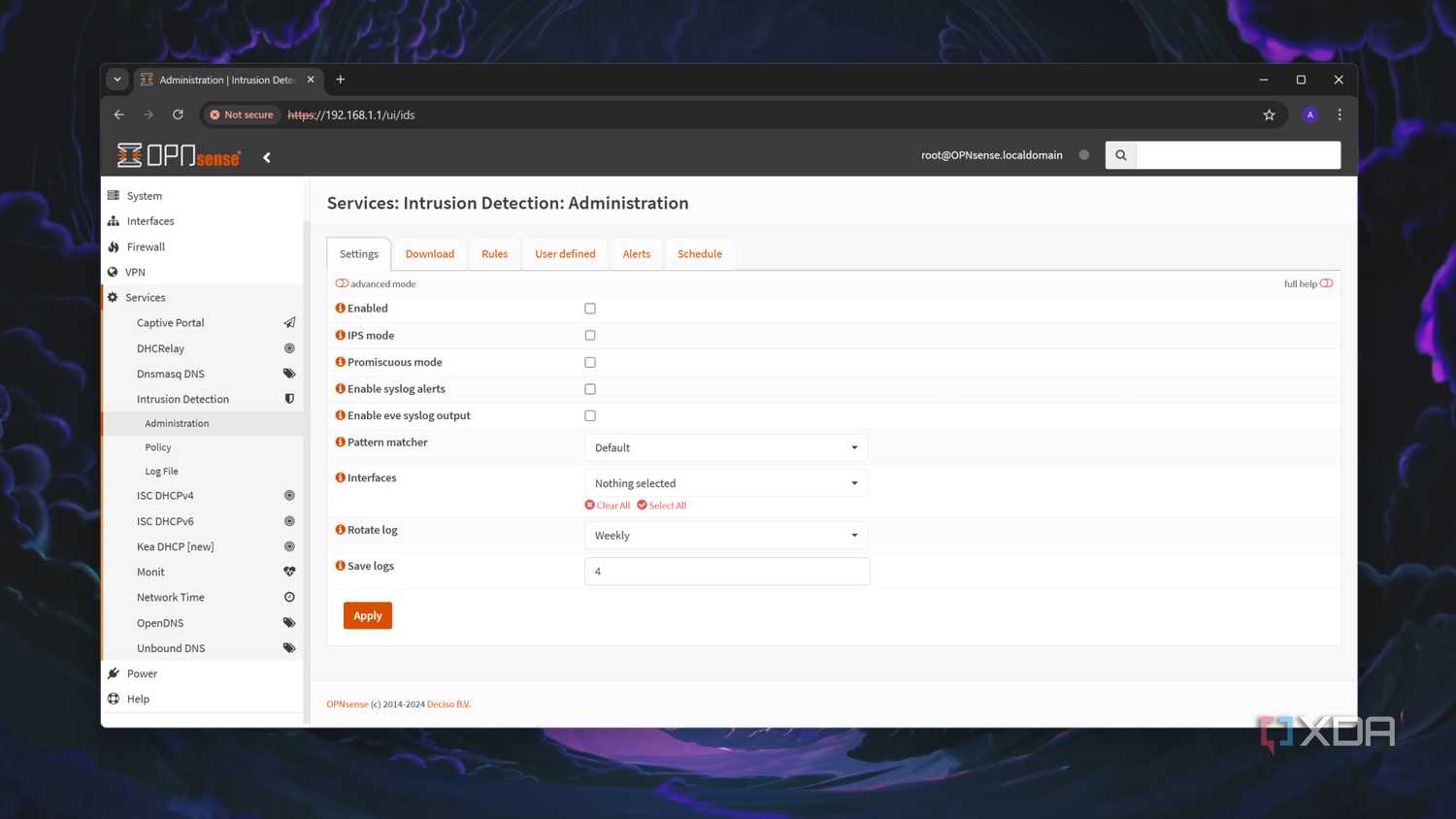 The Intrusion Detection tab in the OPNsense web UI