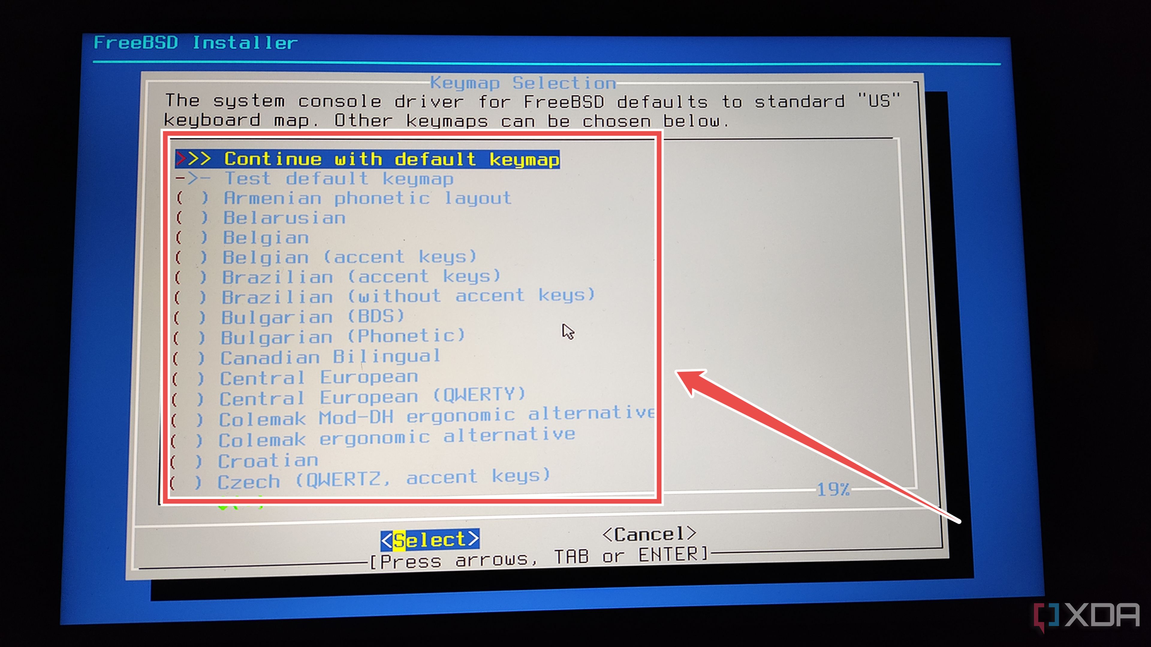 Picking the Keymap setting in the OPNsense installer wizard