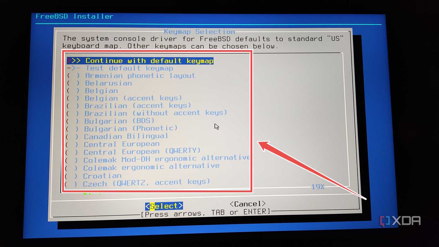 Picking the Keymap setting in the OPNsense installer wizard
