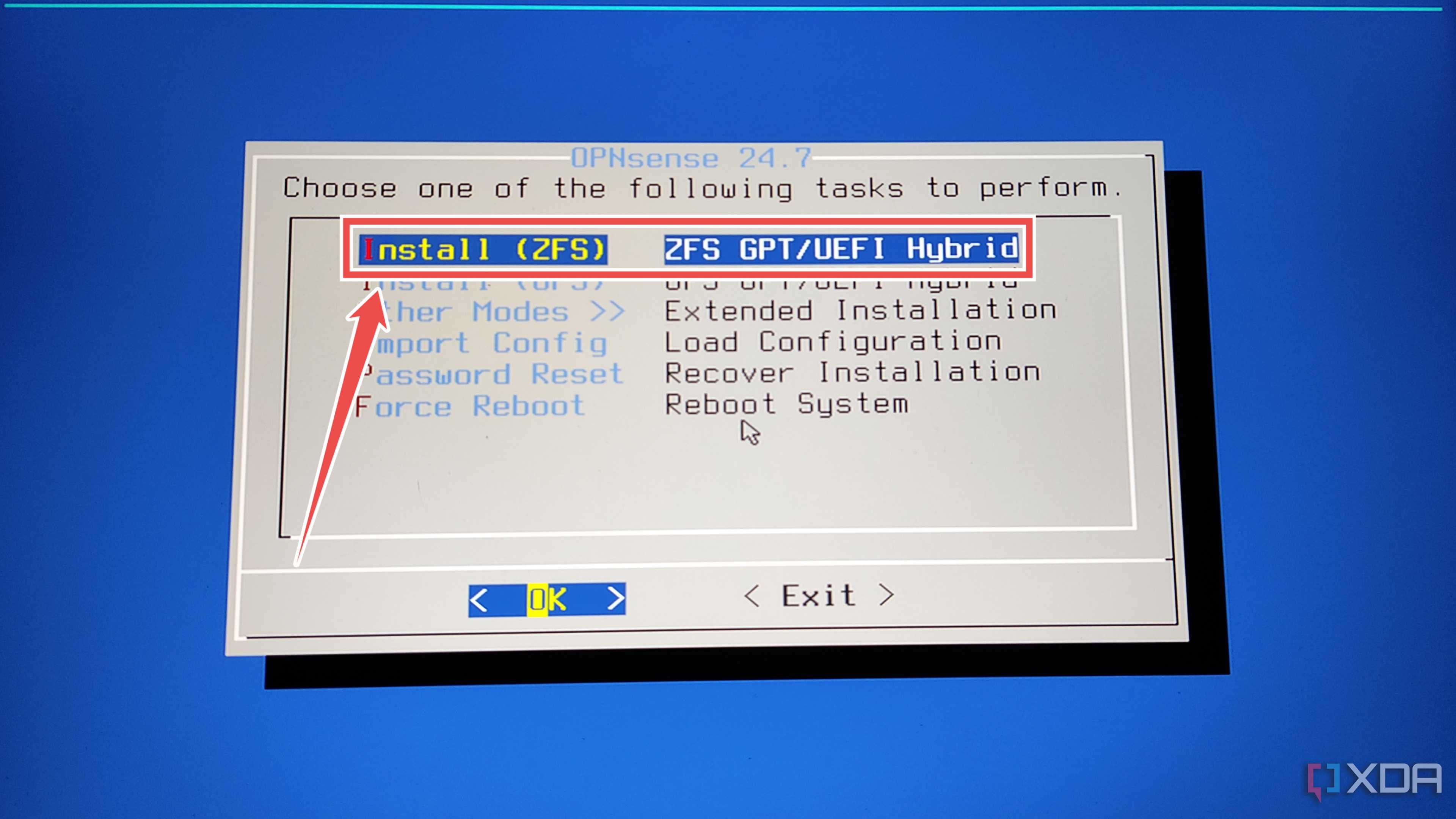 Picking the Install (ZFS) option in the OPNsense installer wizard