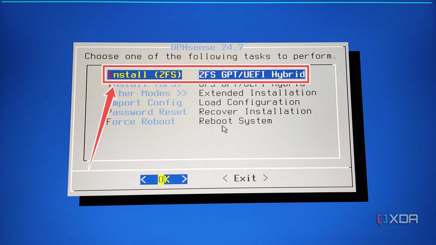 Picking the Install (ZFS) option in the OPNsense installer wizard
