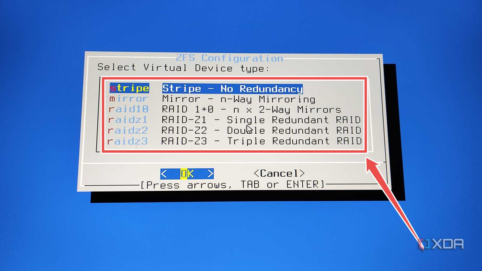 Selecting the Virtual Device type in the OPNsense installer wizard