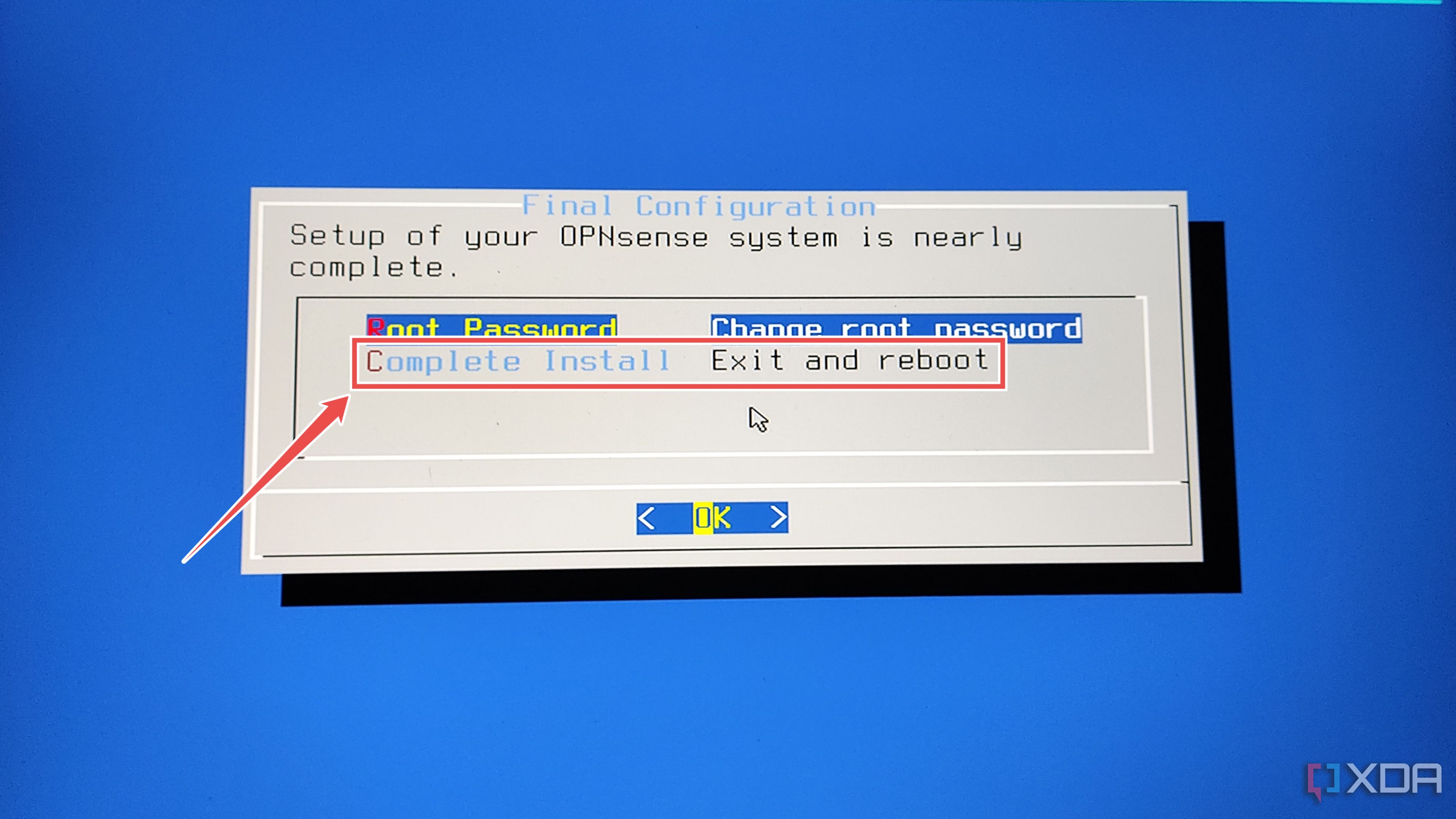Pressing the Complete Install button in the OPNsense installer wizard