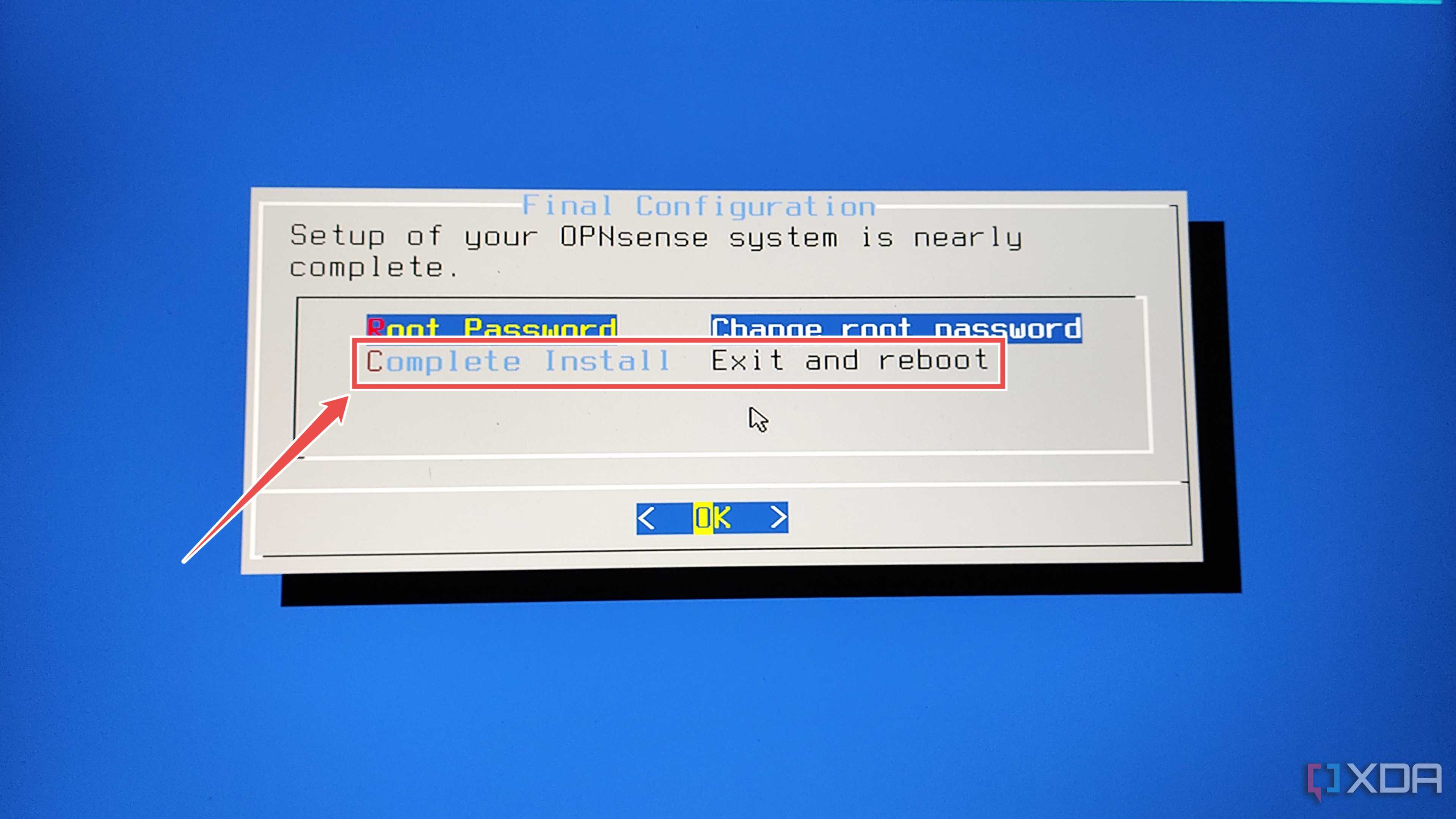 Pressing the Complete Install button in the OPNsense installer wizard