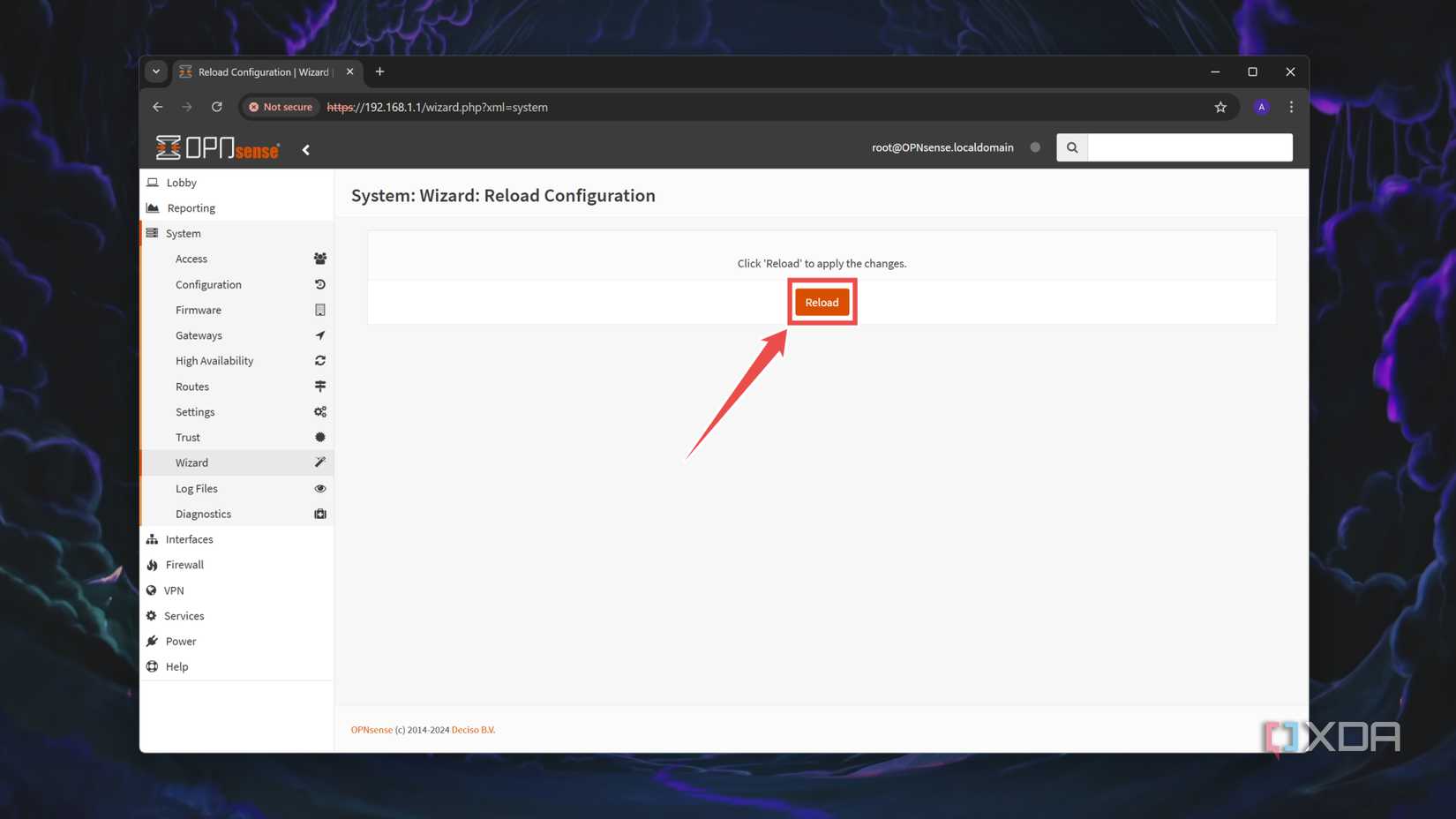 Pressing the Reload option in the OPNsense web UI