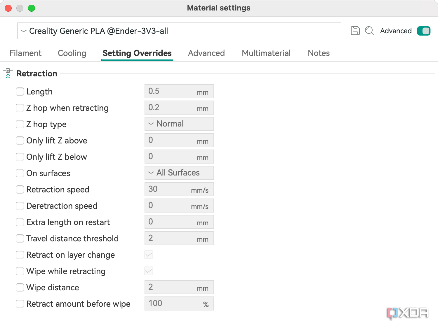 Orca Material Settings - Overrides