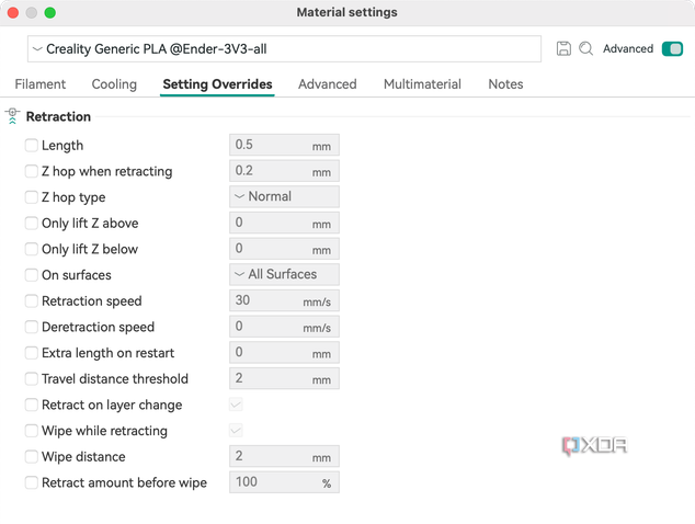 Orca Material Settings - Overrides