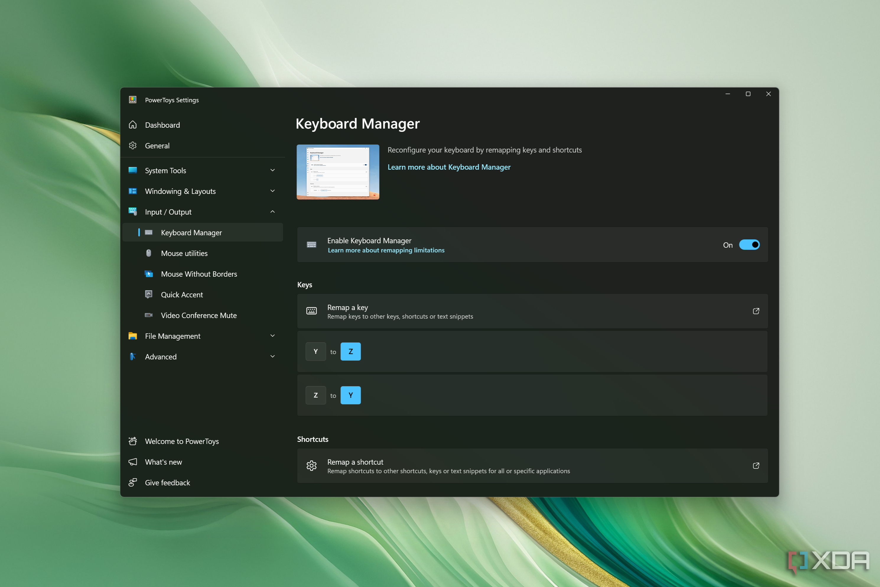 Screenshot of the Keyboard Manager settings page in PowerToys