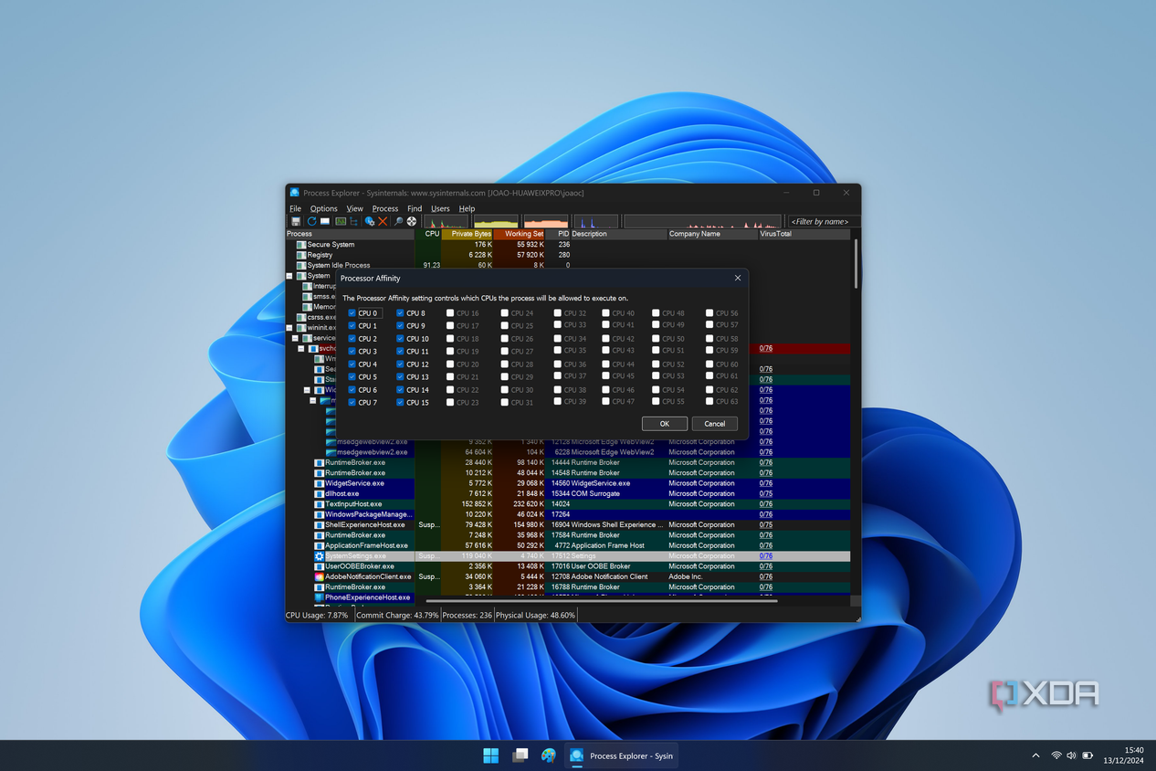 Screenshot of Process Explorer showing the list of processes with the CPU affinity dialog open