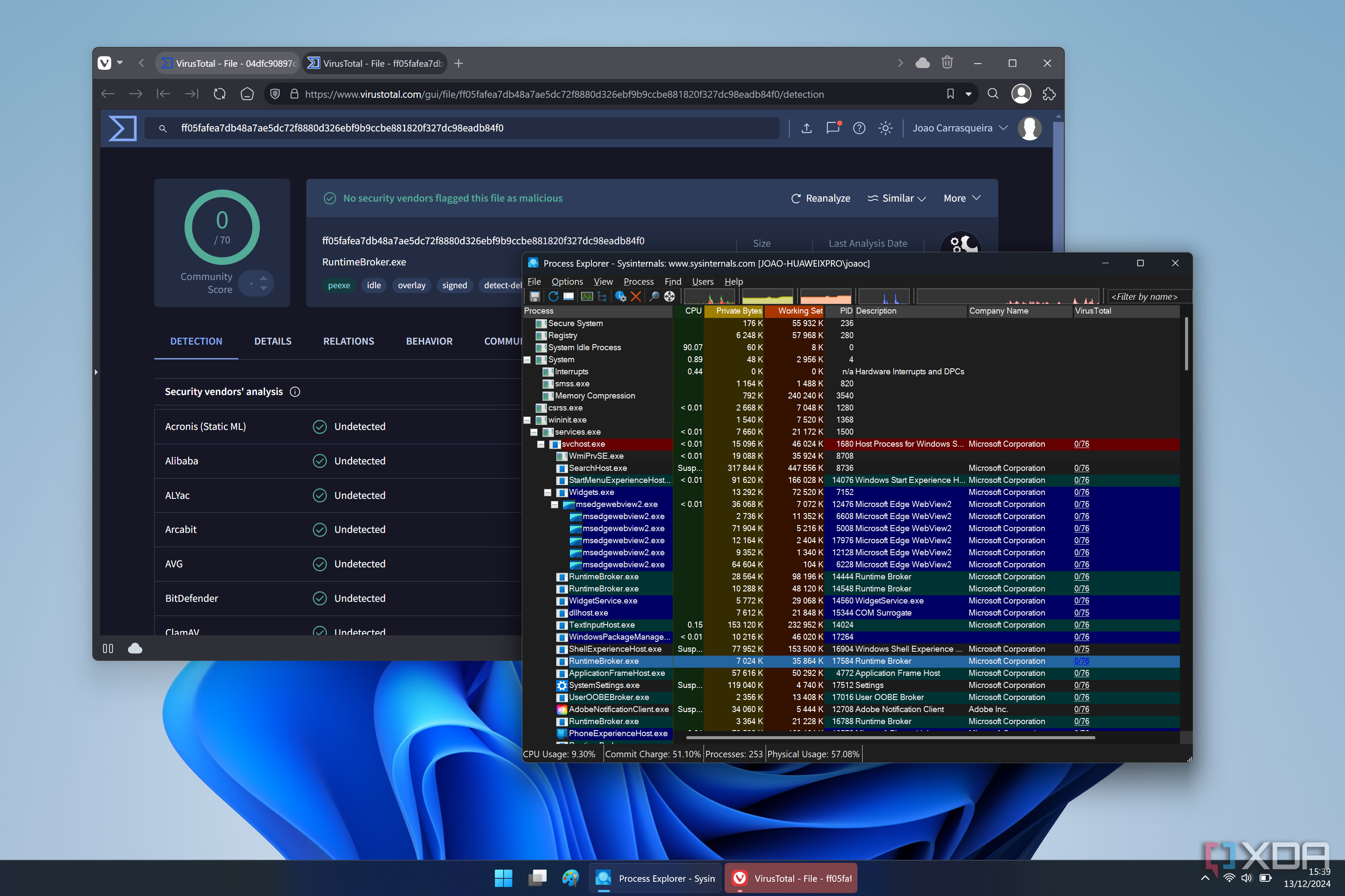 Screenshot of Process Explorer showing the list of processes with VirusTotal open in the background showing scan results for a selected file