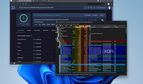 Screenshot of Process Explorer showing the list of processes with VirusTotal open in the background showing scan results for a selected file
