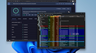 Screenshot of Process Explorer showing the list of processes with VirusTotal open in the background showing scan results for a selected file