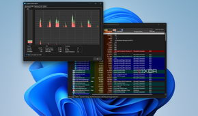 Screenshot of Process Explorer showing the list of processes with the system monitoring tool open to the CPU tab with per-CPU graphs
