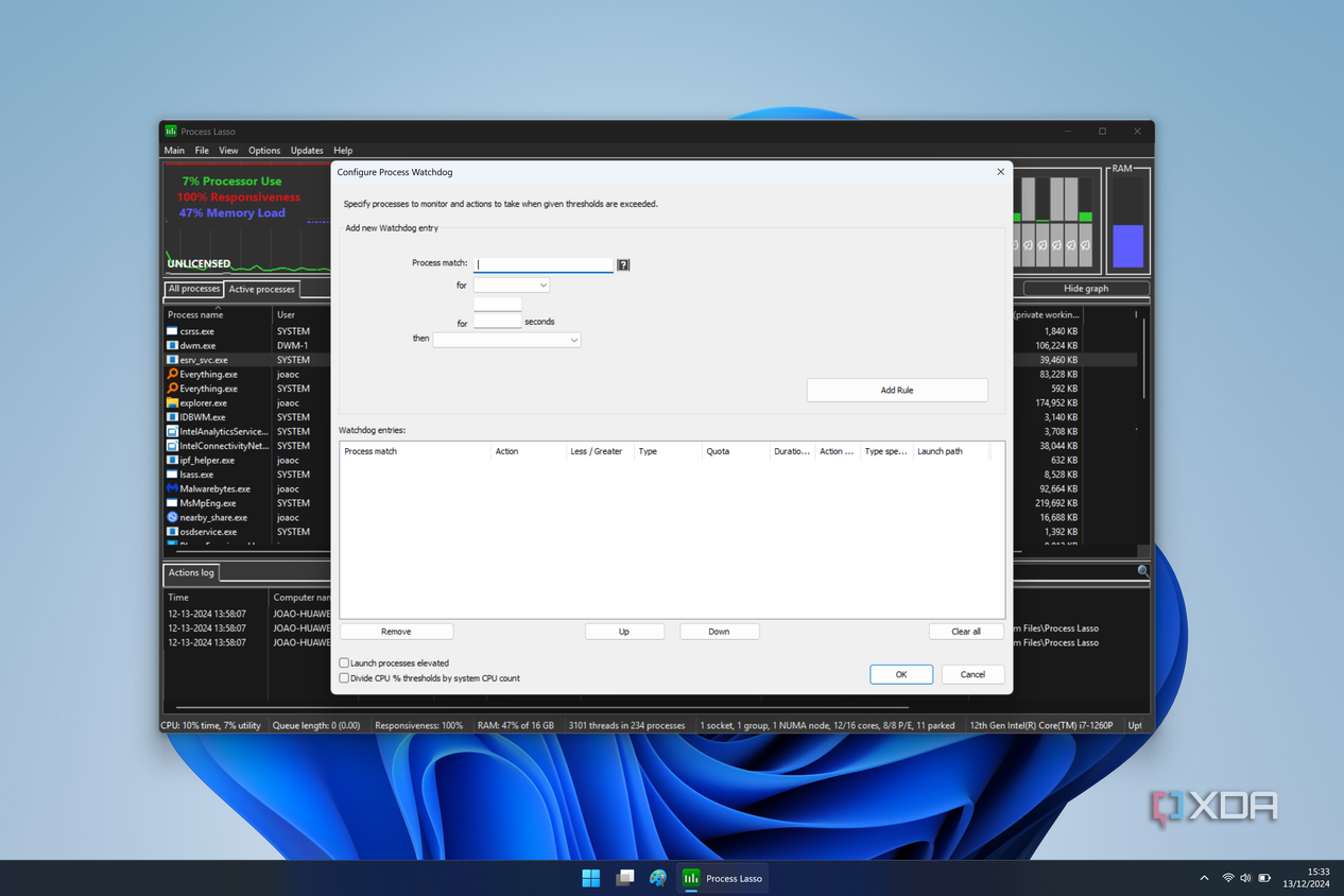 Screenshot of the Proccess Watchdog settings dialog in Process Lasso