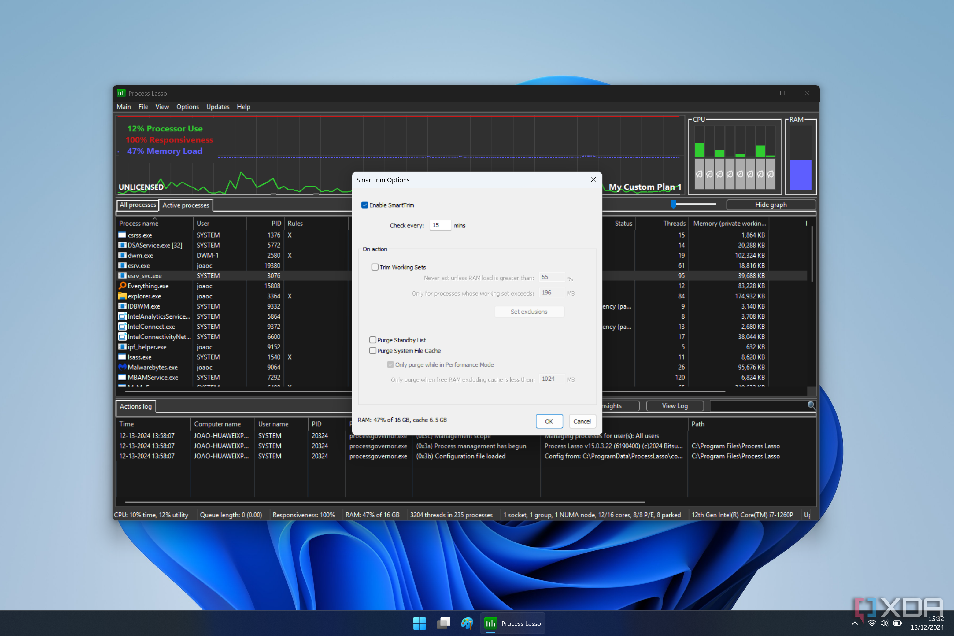Screenshot of Process lasso showing SmartTrim memory settings