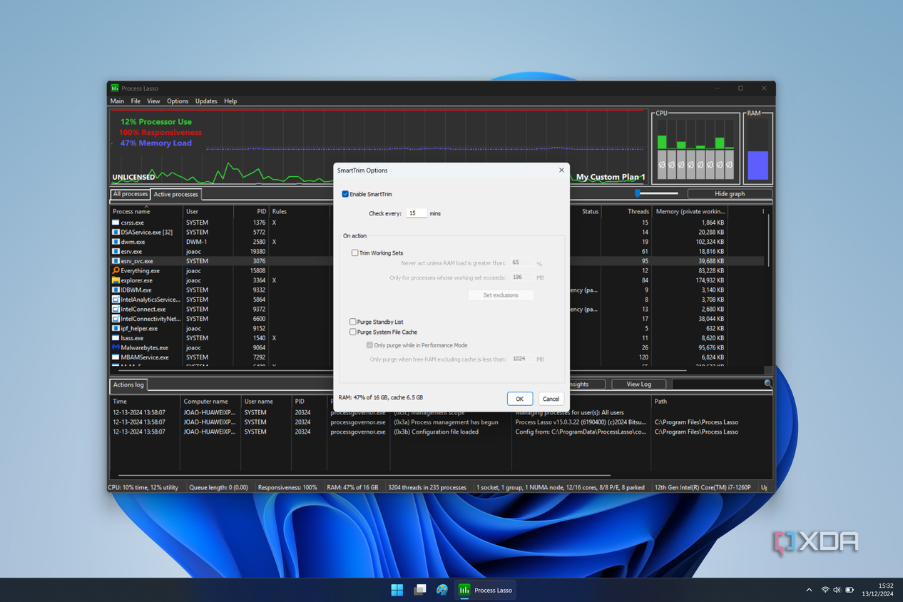 Screenshot of Process lasso showing SmartTrim memory settings