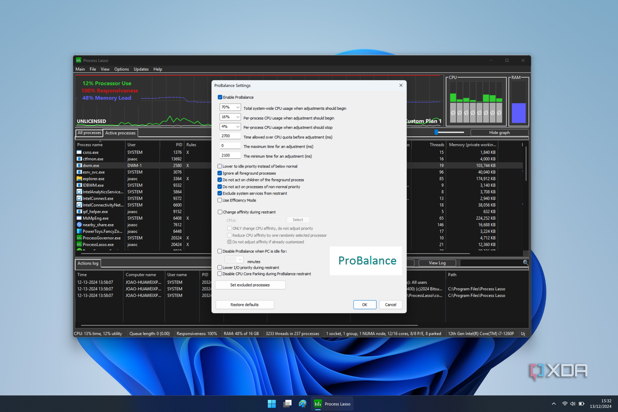 Screenshot of Process Lasso with ProBalance settings open for managing the CPU