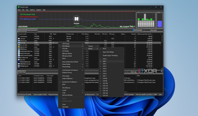 Screenshot of Process Lasso showing running processes with a context menu showing CPU affinity settings