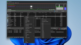Screenshot of Process Lasso showing running processes with a context menu showing CPU affinity settings