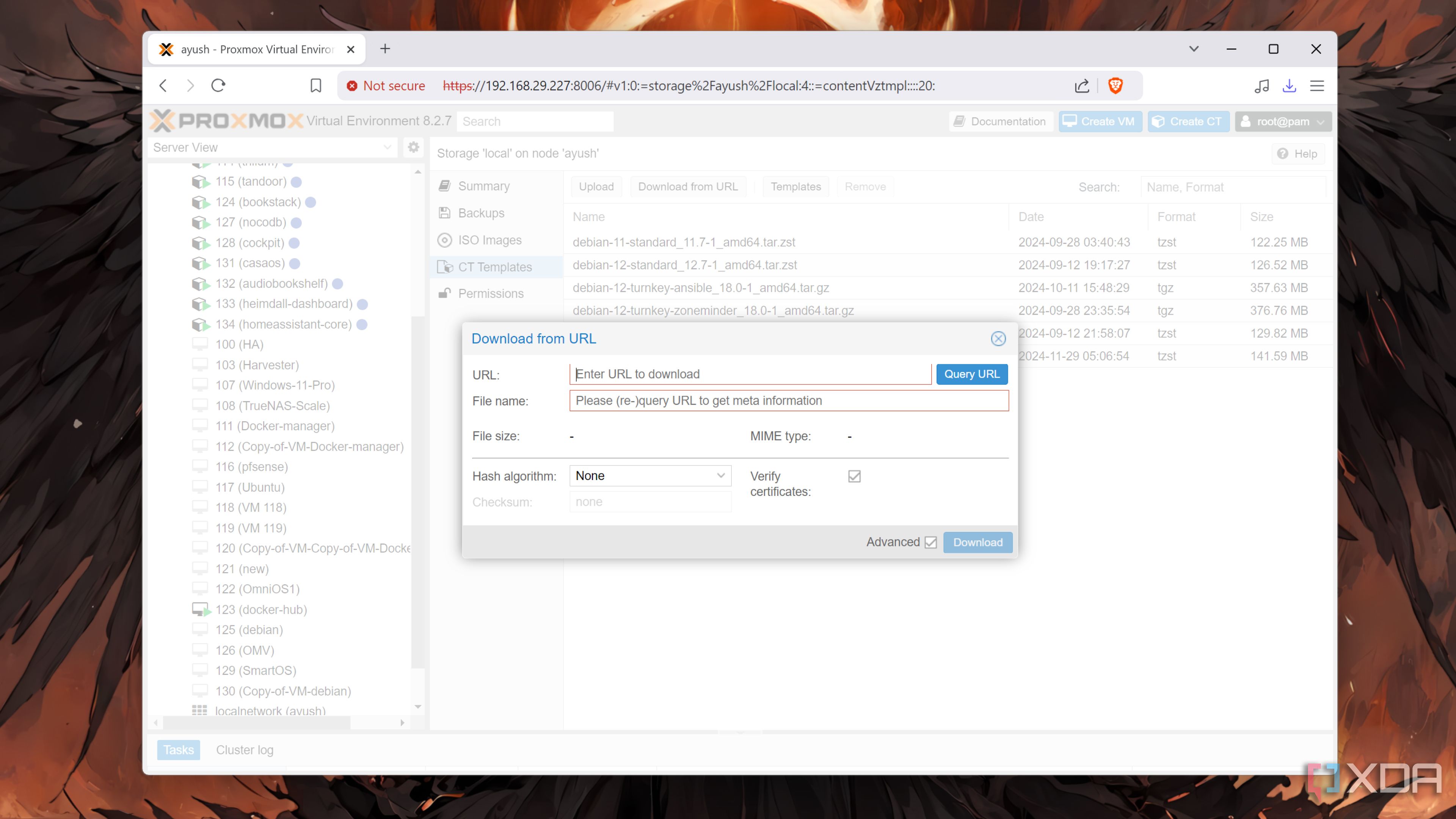 Downloading the container templates from their URL in Proxmox