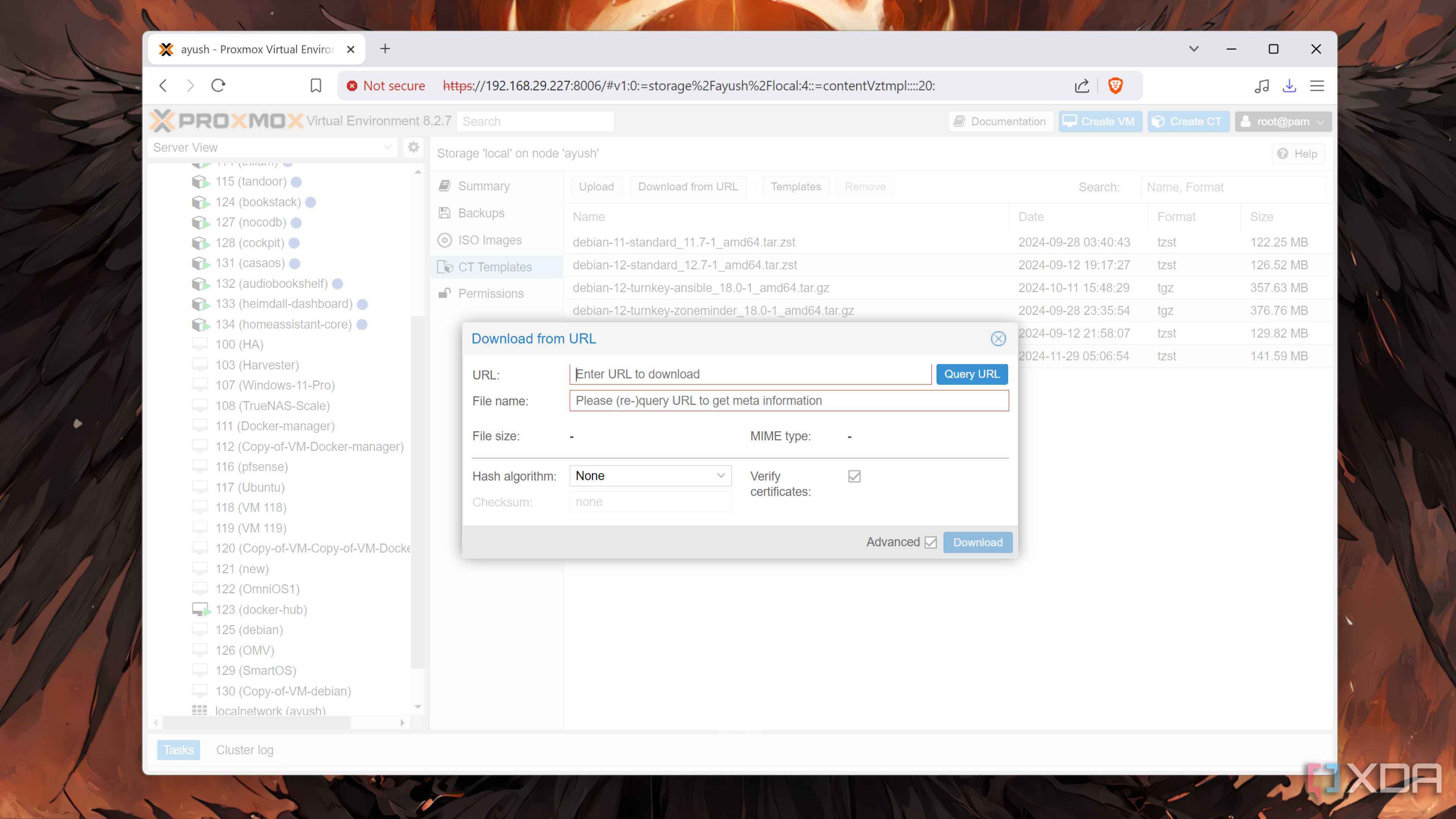 Downloading the container templates from their URL in Proxmox
