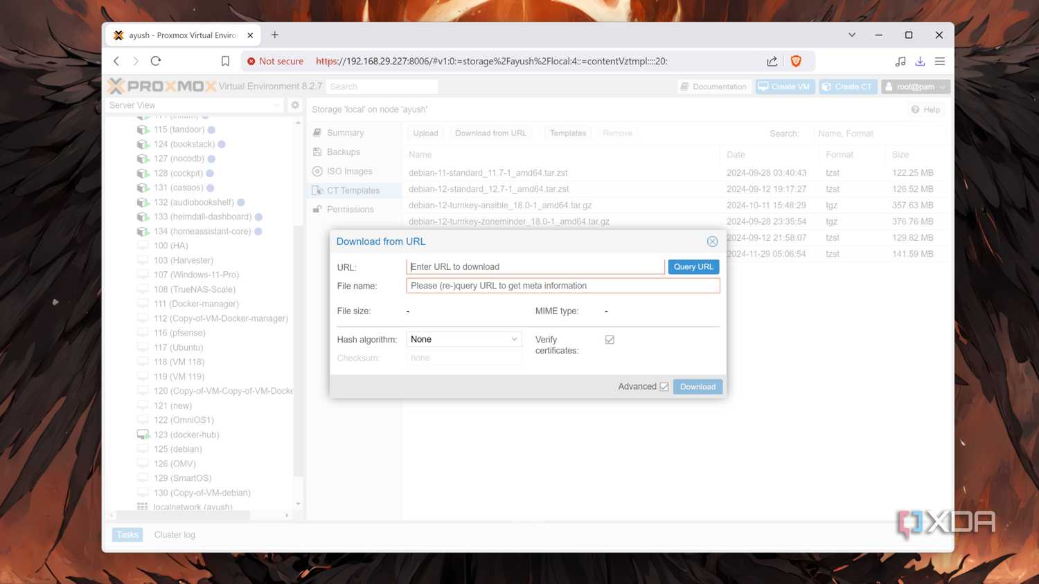 Downloading the container templates from their URL in Proxmox