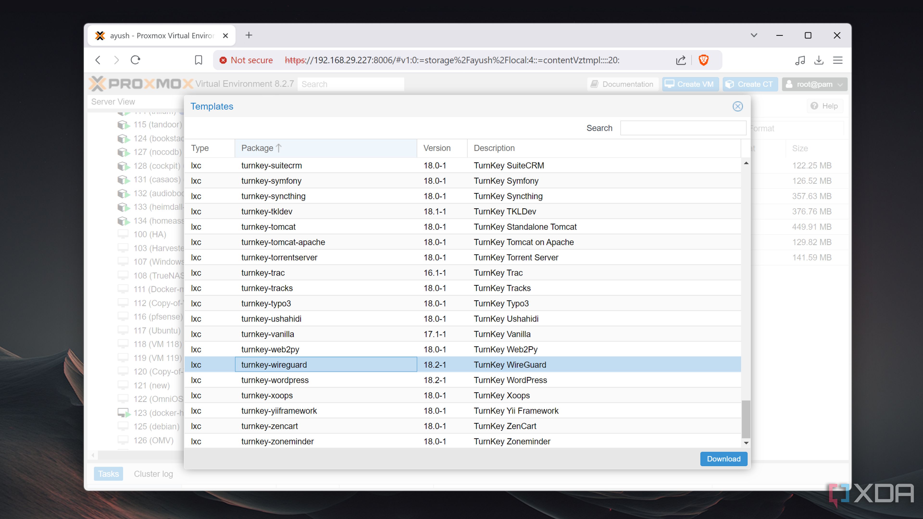 The LXC container templates in Proxmox