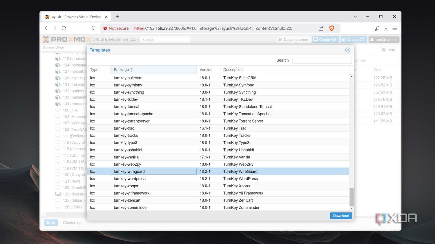 The LXC container templates in Proxmox