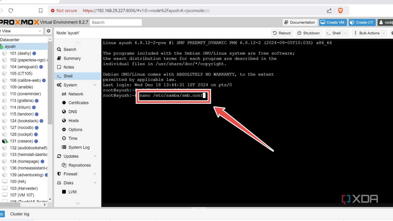 Accessing the smb.conf file in Proxmox