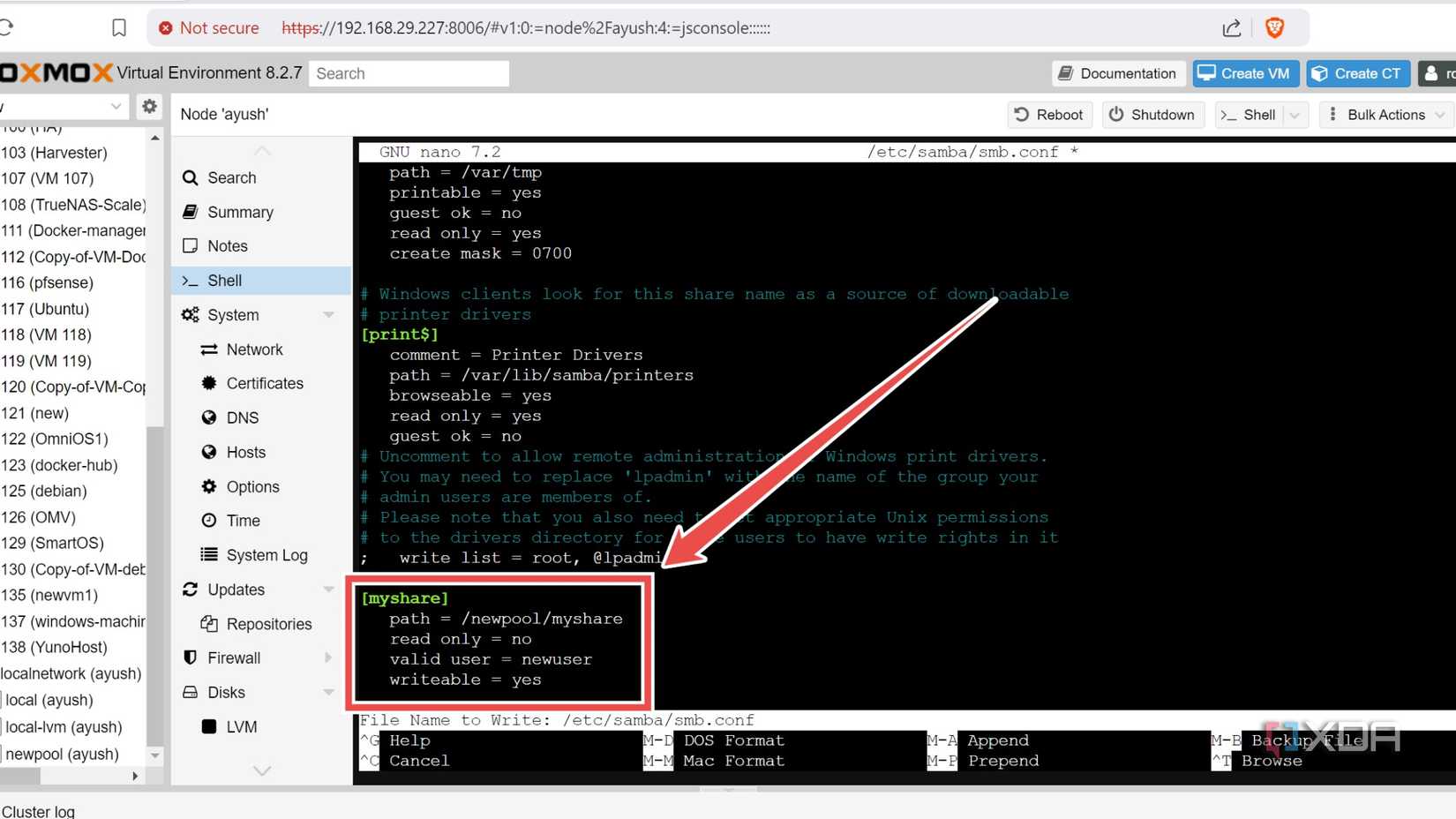 Adding a new Samba share in the smb.conf file